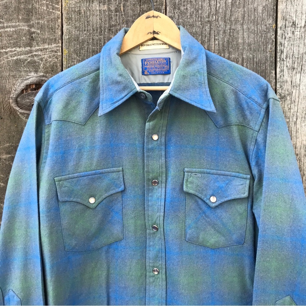 VTG 60s-70s Pendleton Western Wear Ombre Shadow Plaid Pearl Snap Shirt Medium - Picture 4 of 9